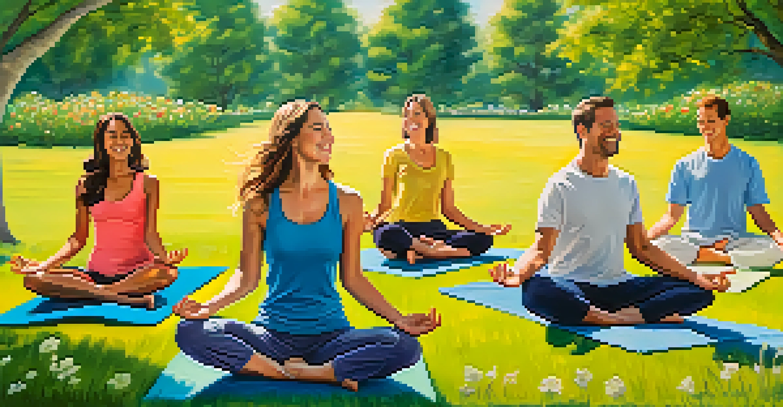 A family enjoying a fun outdoor yoga session in a park, engaging in partner poses and laughter.