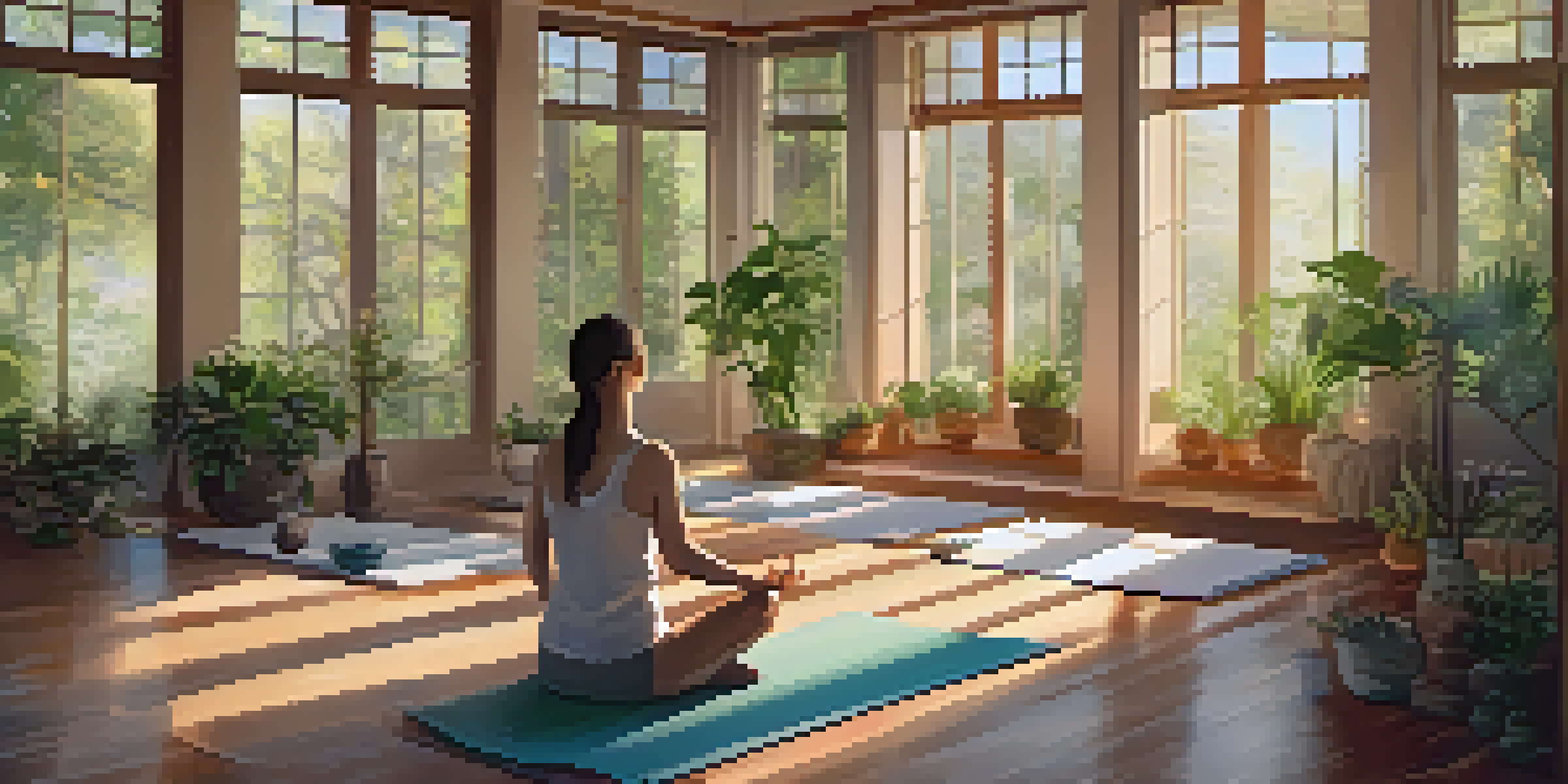 A peaceful yoga studio with a person practicing yoga surrounded by singing bowls, candles, and plants, illuminated by soft warm light.