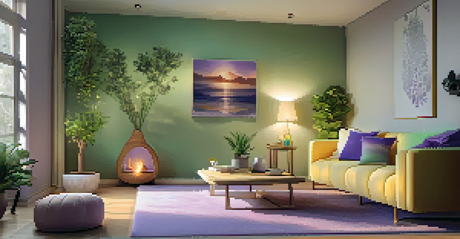 A cozy yoga corner in a living room with a mat, diffuser, and warm lighting.