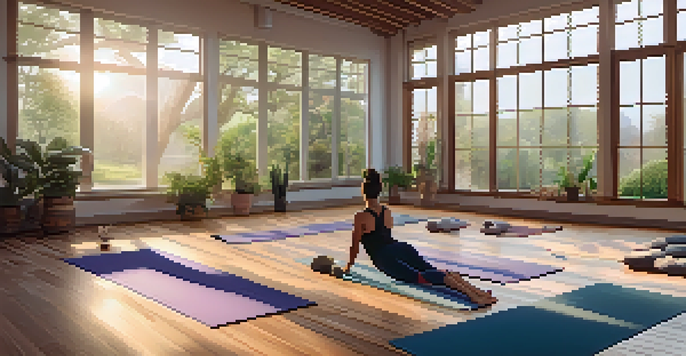 A serene yoga studio with athletes practicing yoga poses, surrounded by natural light and greenery.