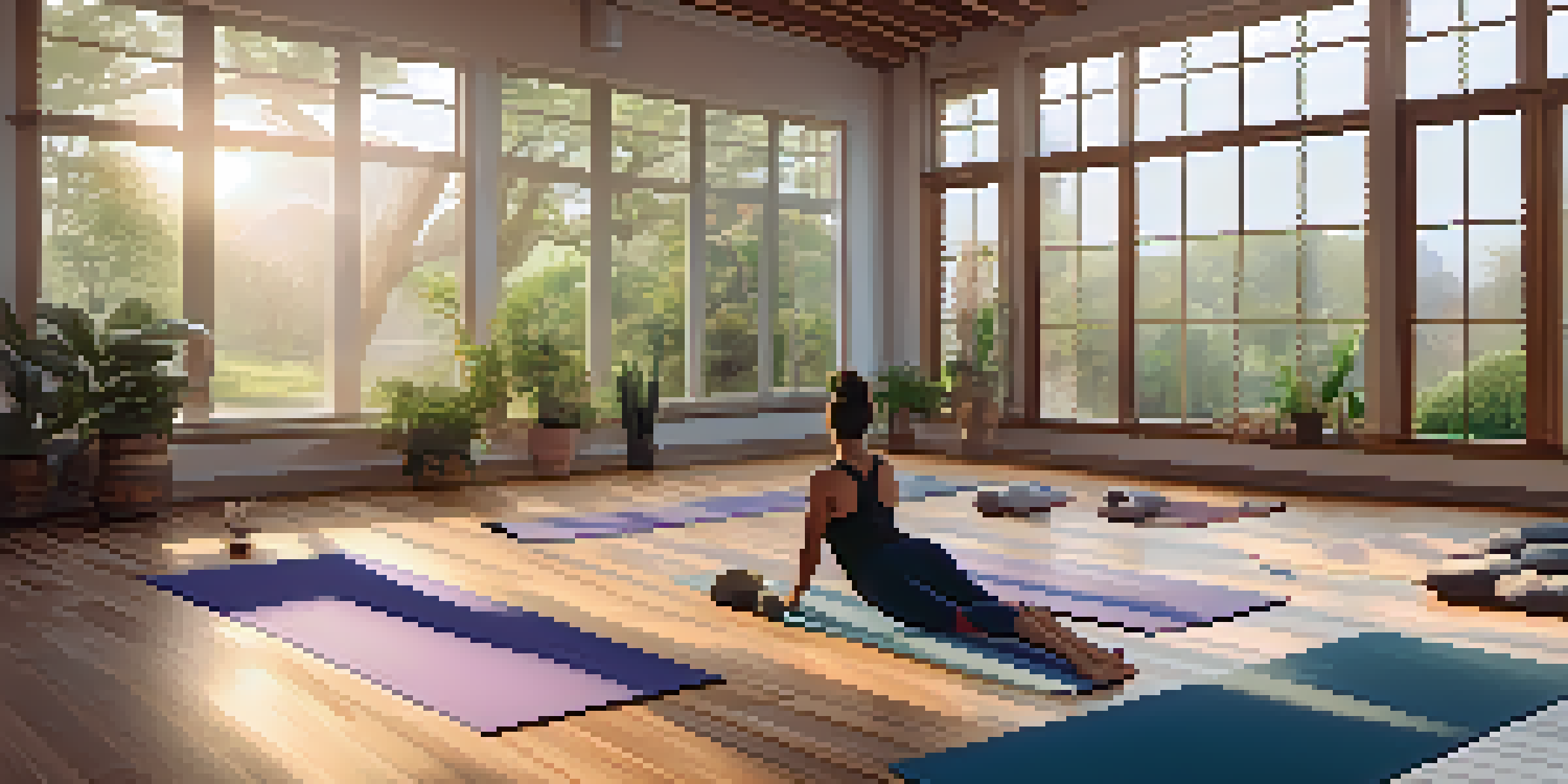 A serene yoga studio with athletes practicing yoga poses, surrounded by natural light and greenery.