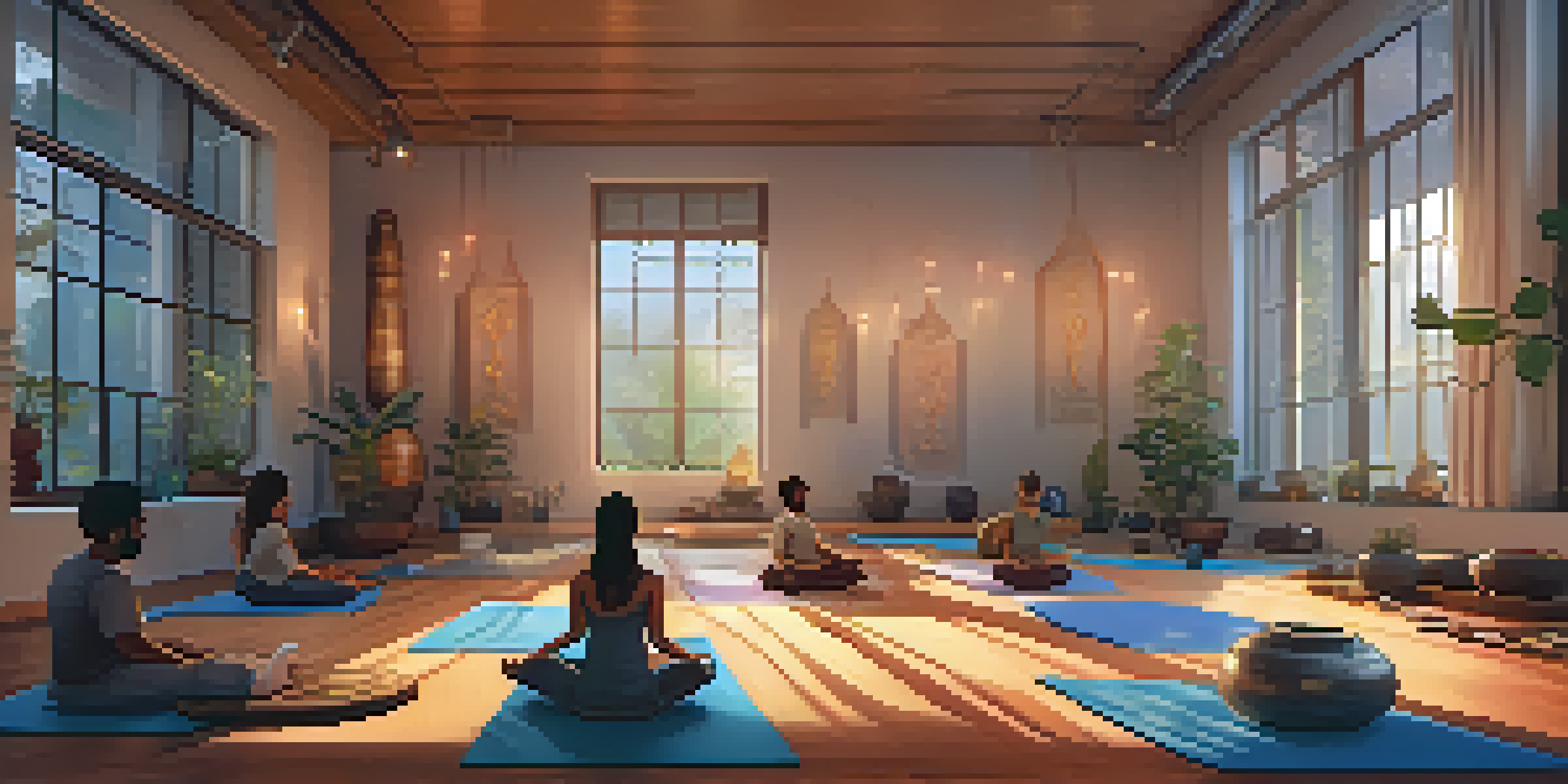A calming yoga studio with participants lying on mats during a sound bath, surrounded by soothing instruments and soft lighting.