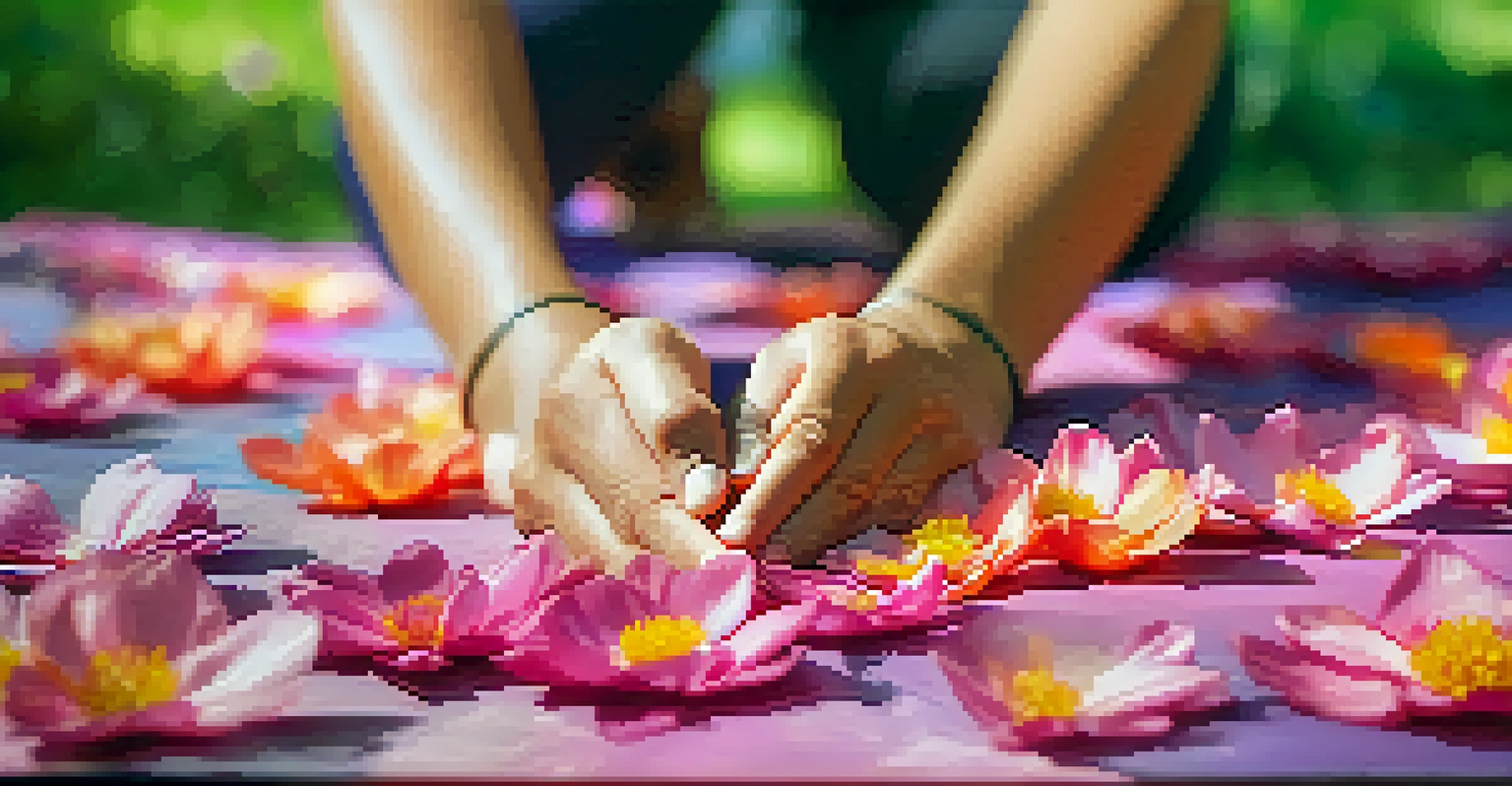 Close-up of hands in a 'Namaste' position on a yoga mat with petals around, symbolizing mindfulness.