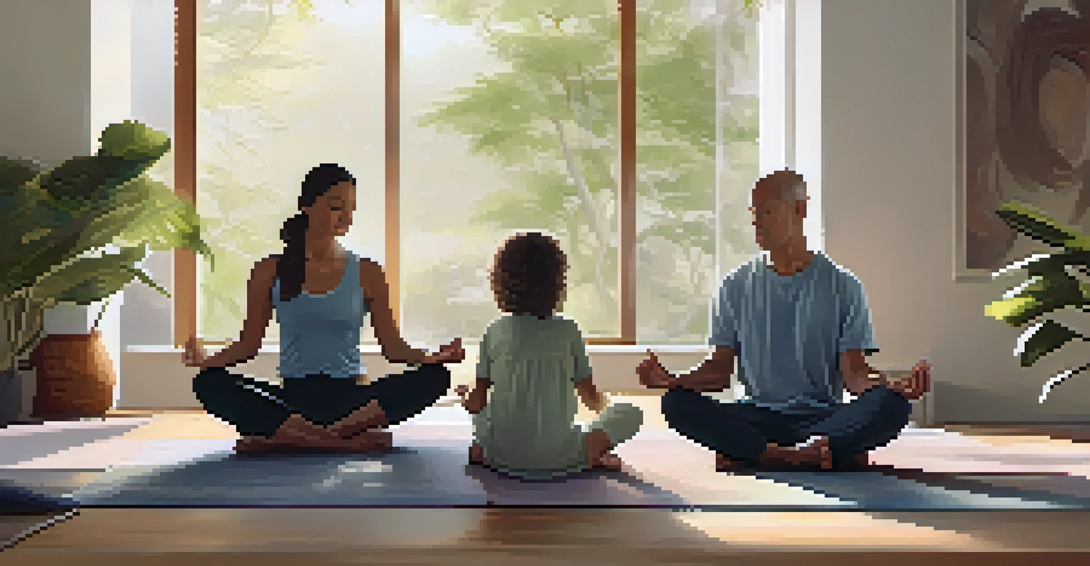 A family meditating together in a calm and peaceful environment, promoting mindfulness and connection.