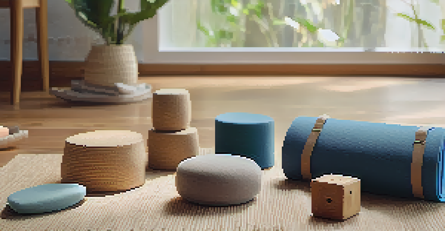 A close-up of eco-friendly yoga props like cork blocks and organic cotton straps on a wooden floor.