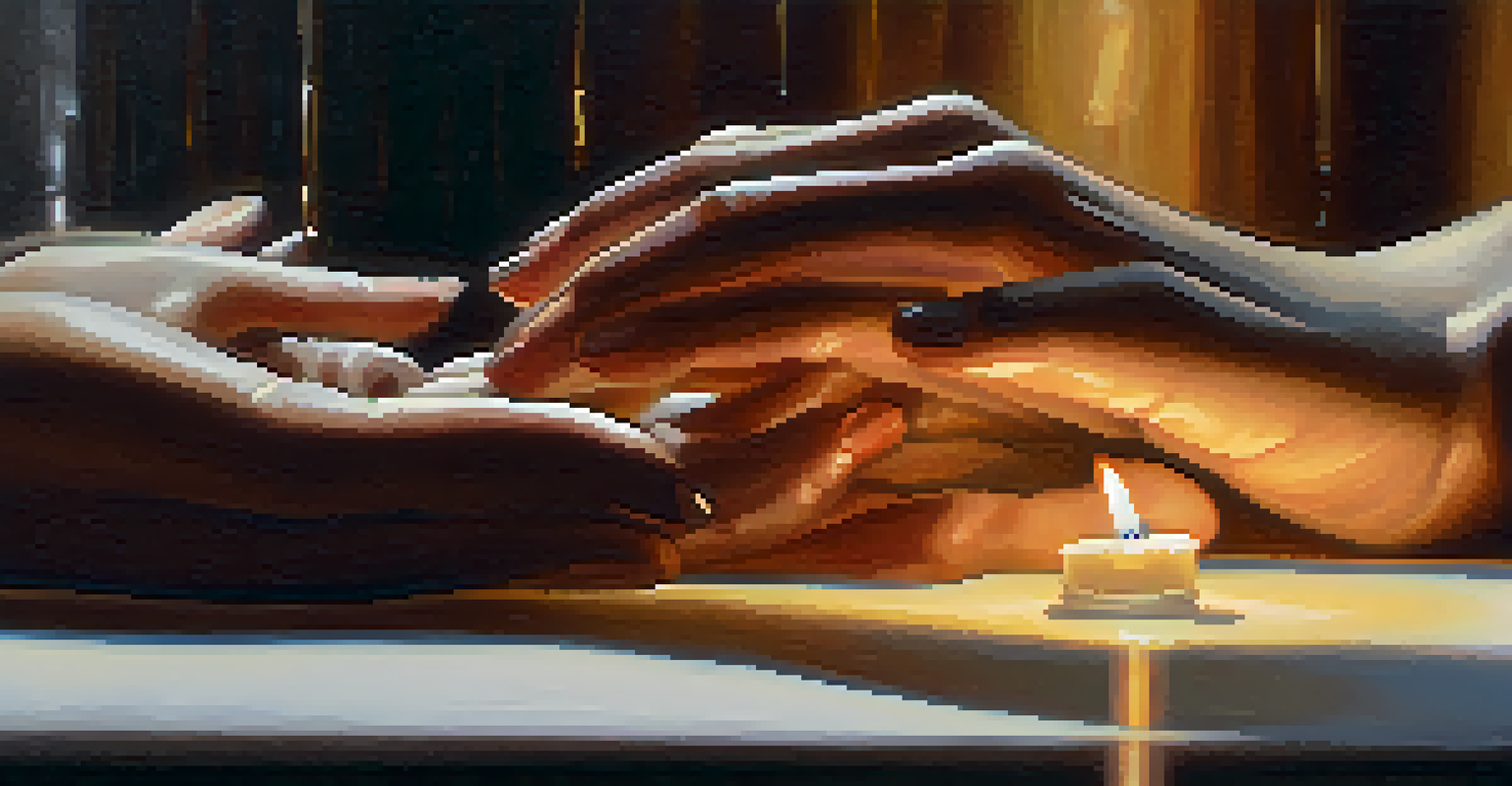 A close-up of hands in a meditative gesture with a glowing candle and crystal in the background.