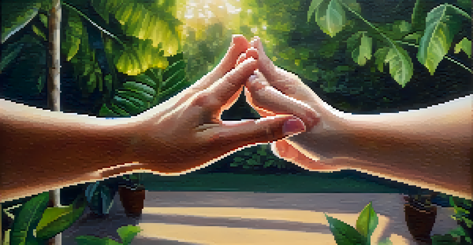 A close-up of two hands intertwined during a partner yoga session, with a softly blurred background of mats and greenery.