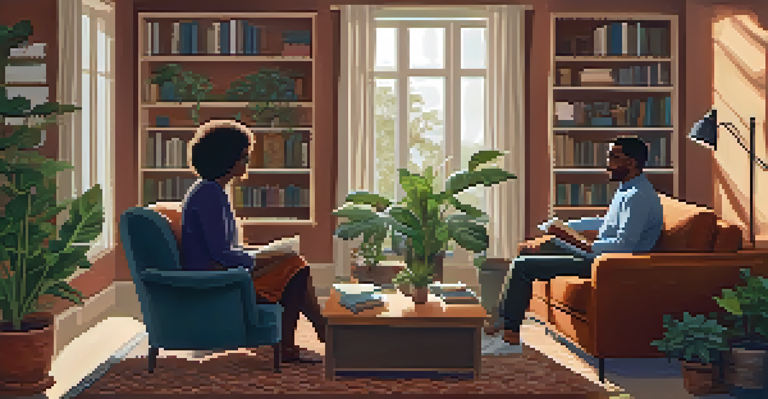 A cozy therapy session with a therapist and client engaged in conversation, set in a warm and inviting room.