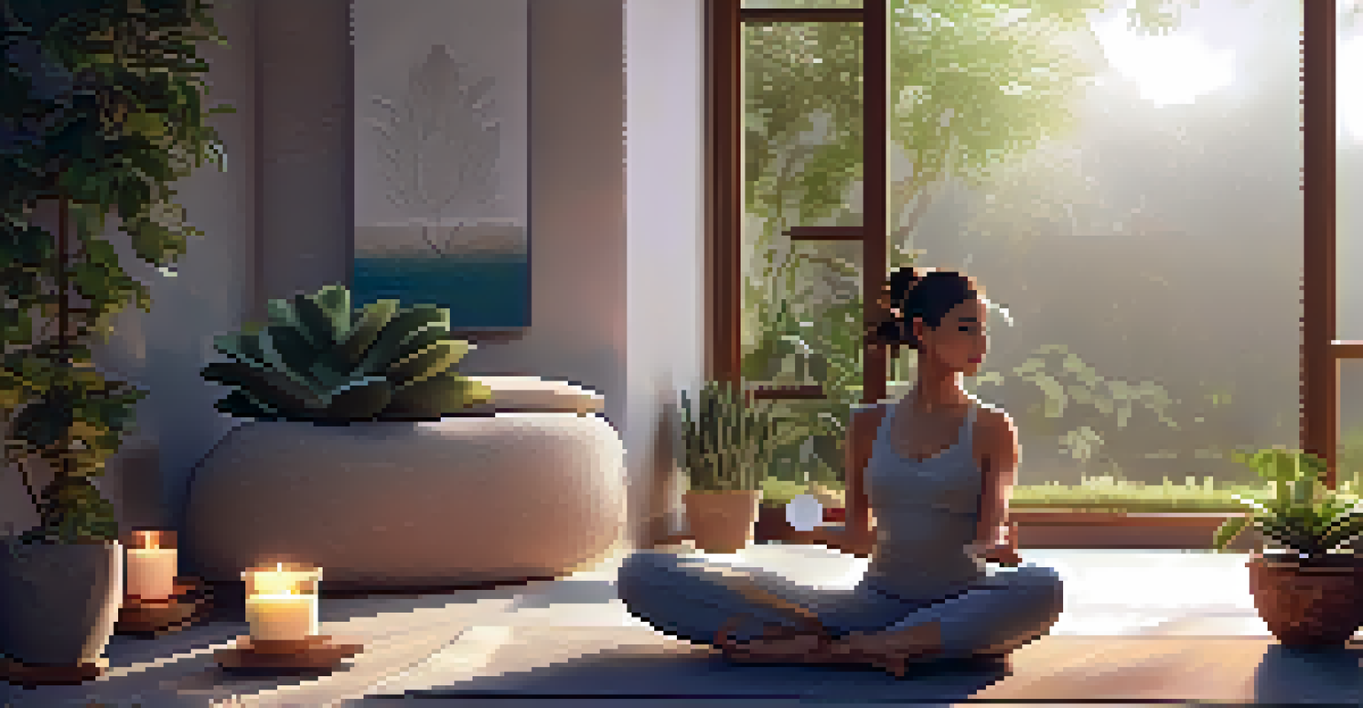 A person practicing Legs-Up-the-Wall Pose in a cozy yoga corner with soft lighting, cushions, and plants in the background.