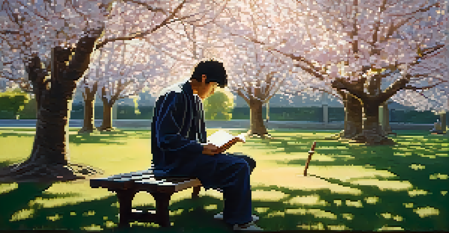 A person practicing breathing techniques in a park under a cherry blossom tree during golden hour.