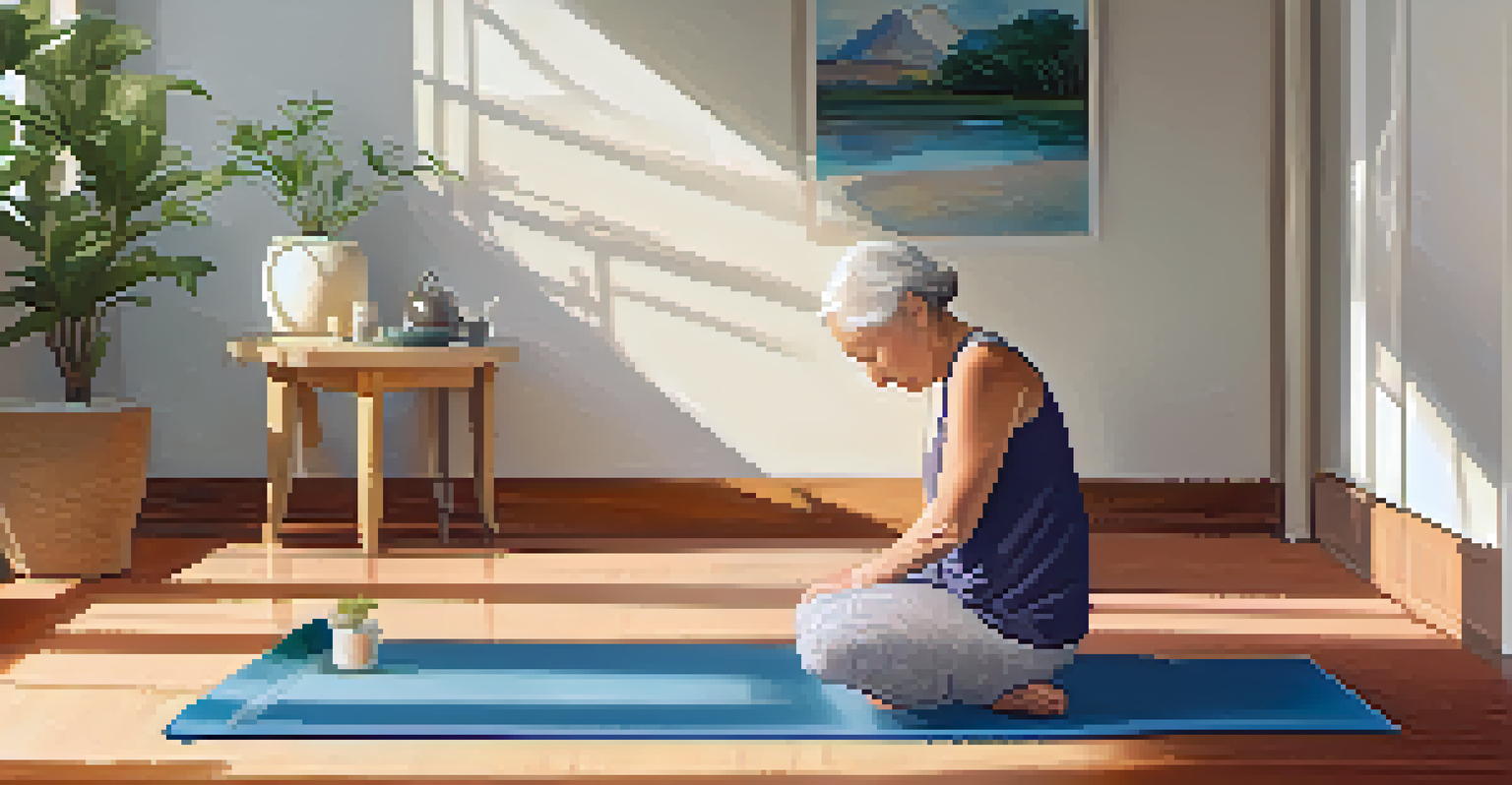 An elderly woman in Child's Pose on a yoga mat, surrounded by calming decor and sunlight.