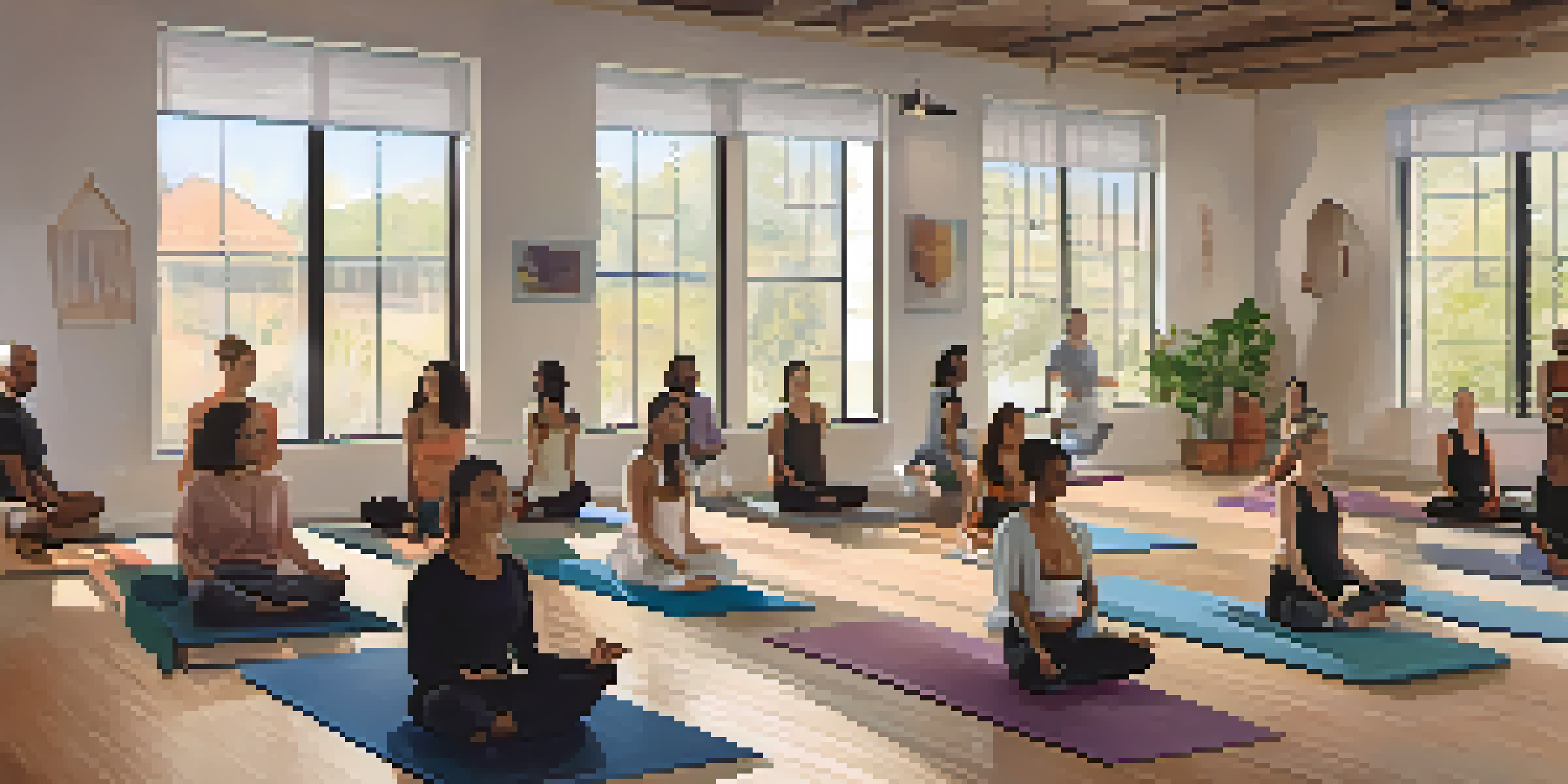 A peaceful yoga studio with ambient lighting, featuring diverse individuals practicing yoga poses on mats, creating a welcoming and supportive atmosphere.