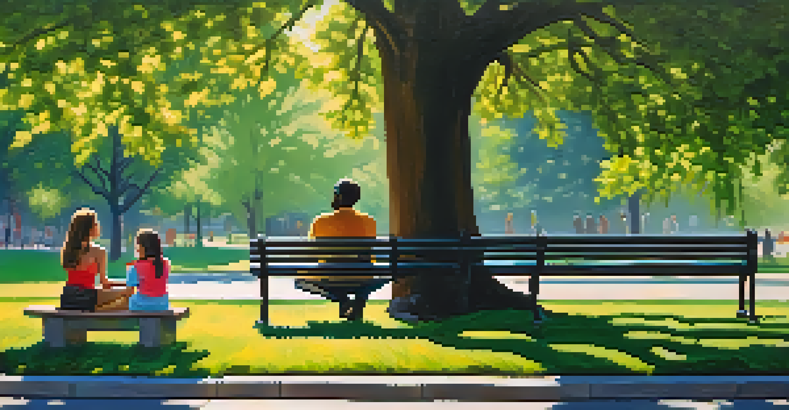 Two friends sitting on a park bench under a tree, engaging in deep conversation and practicing mindful listening.