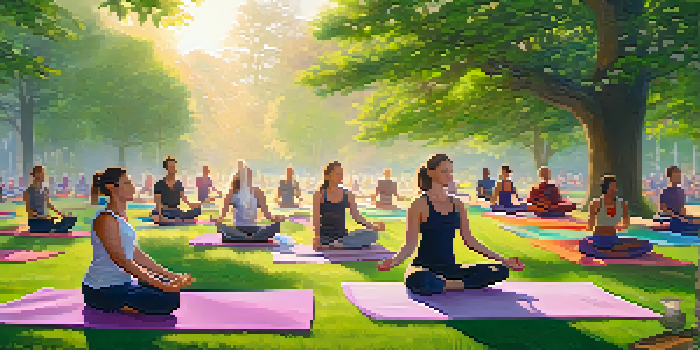 A diverse group of activists doing yoga in a tranquil park at sunrise, surrounded by nature and blooming flowers.