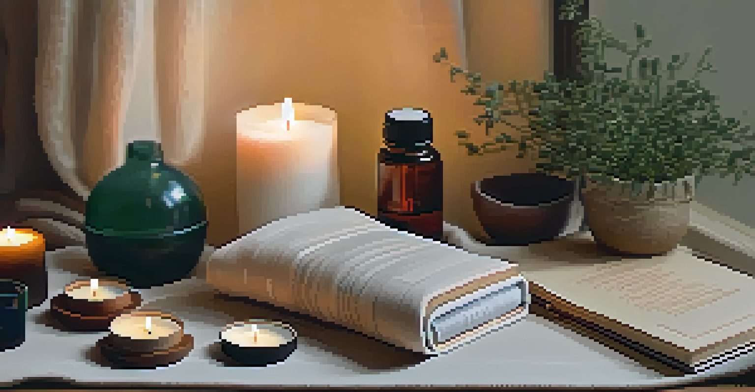 A cozy corner setup for Yoga Nidra practice, showcasing a yoga mat, blanket, essential oils, a journal, and a cup of herbal tea, all in a softly lit environment.
