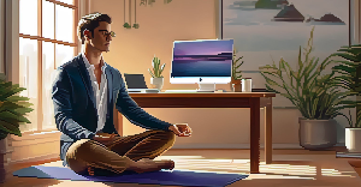 A person practicing deep breathing on a yoga mat in a cozy workspace.