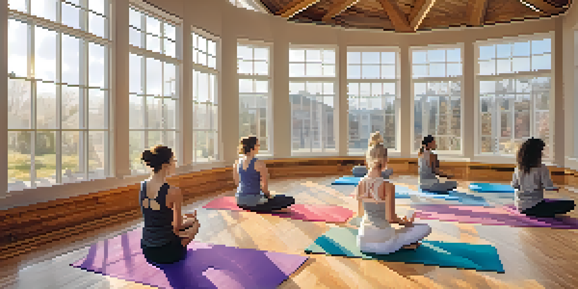 A group of people practicing yoga in a bright, airy studio with wooden floors and colorful mats, surrounded by natural light.