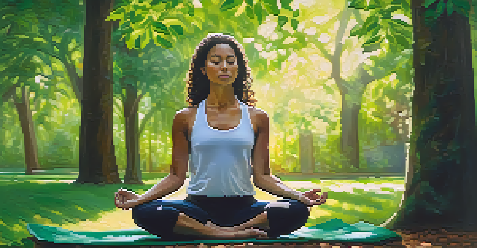 A person meditating cross-legged on a yoga mat in a lush green park, with sunlight filtering through the leaves, creating a tranquil atmosphere.