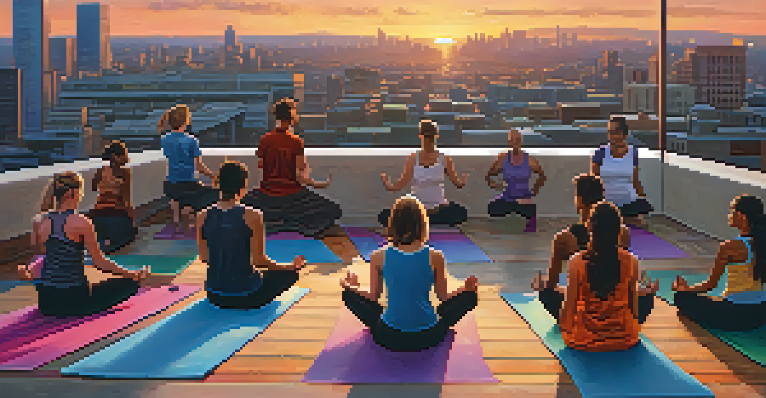 A group of young people practicing yoga on a rooftop during sunset, with a city skyline in the background.
