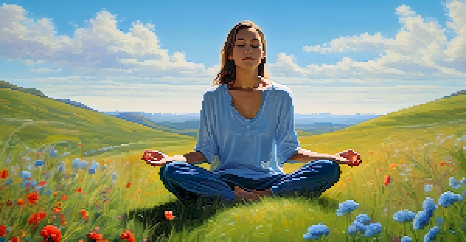 A person meditating outdoors on a grassy hill, surrounded by wildflowers and a clear sky.