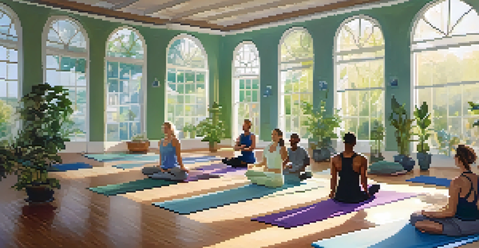 A yoga studio filled with diverse individuals practicing gentle yoga poses, surrounded by plants and natural light.