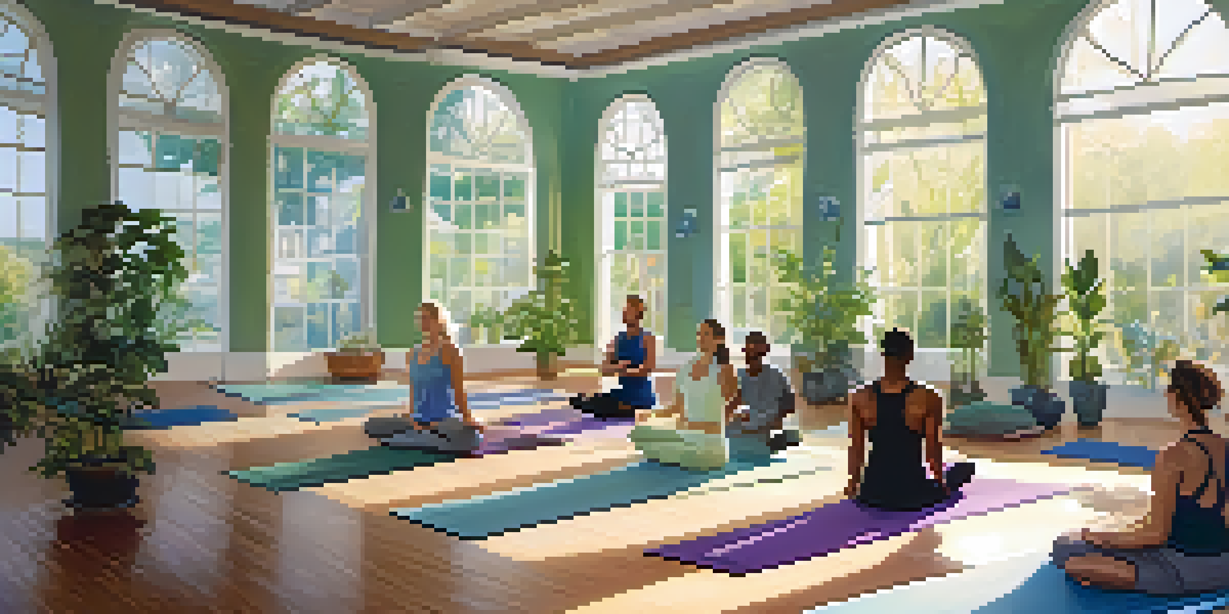 A yoga studio filled with diverse individuals practicing gentle yoga poses, surrounded by plants and natural light.