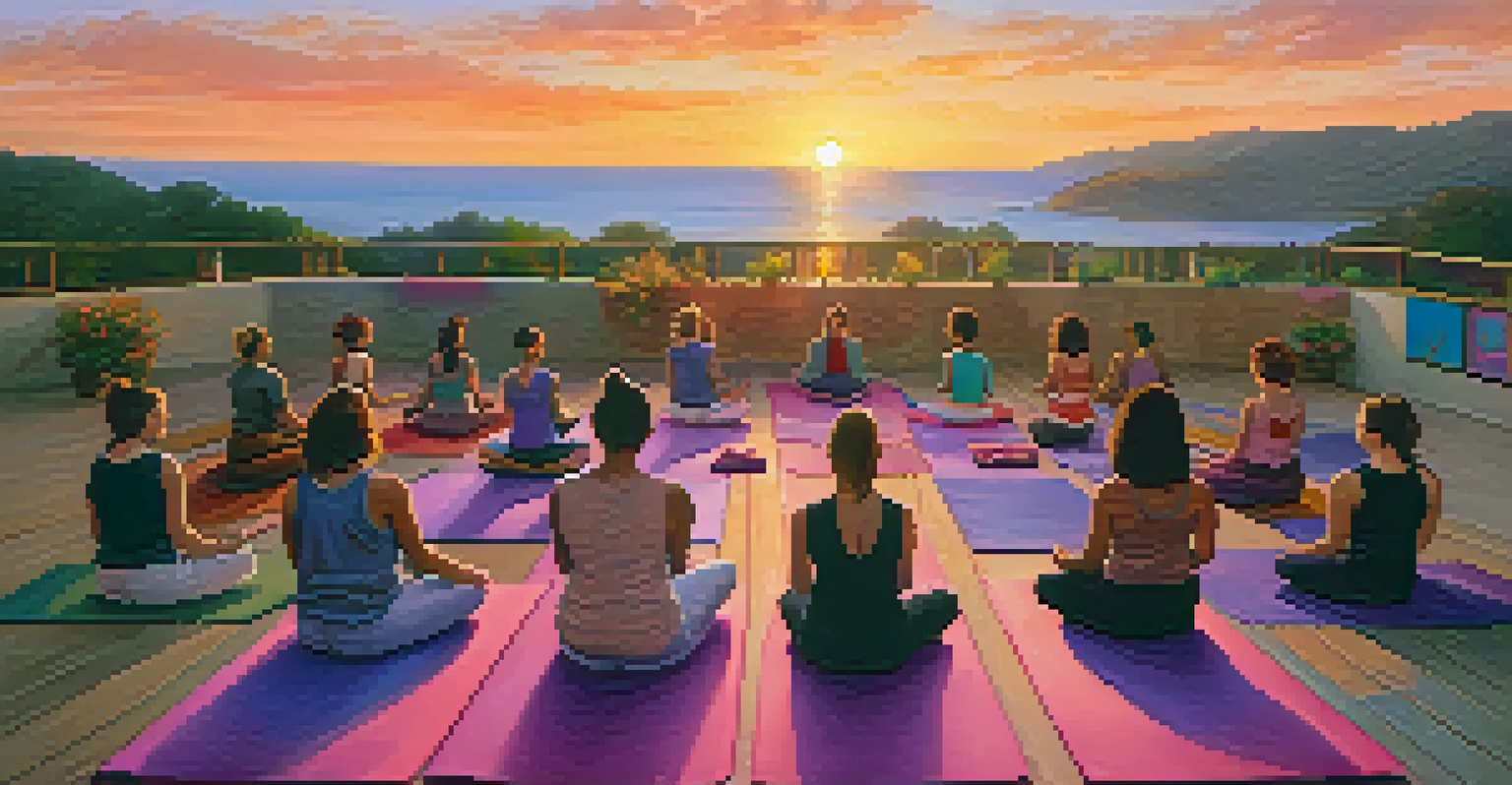 Participants in an outdoor yoga class at sunset, practicing in a circle on colorful mats.
