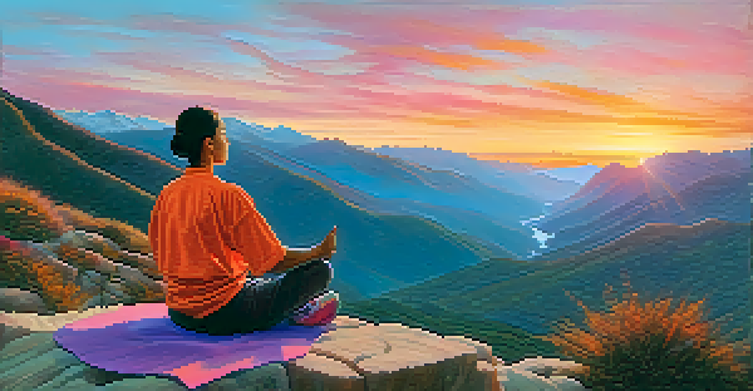 A person meditating on a mountain top at sunset, surrounded by vibrant colors in the sky and distant mountains.