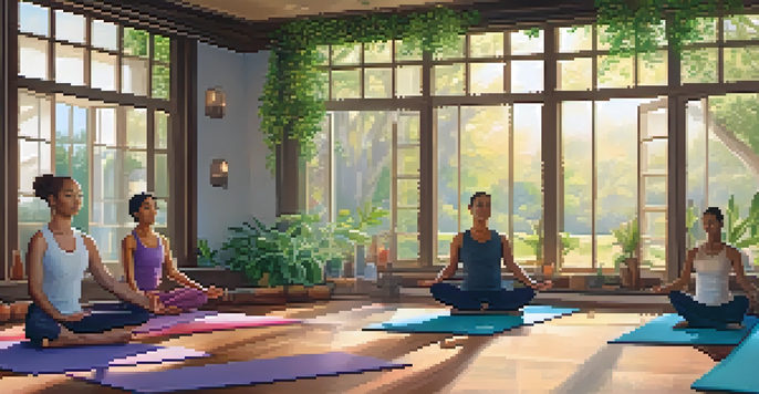 A diverse group of people practicing yoga in a bright studio with a garden view, showcasing poses like Warrior II and Tree pose.