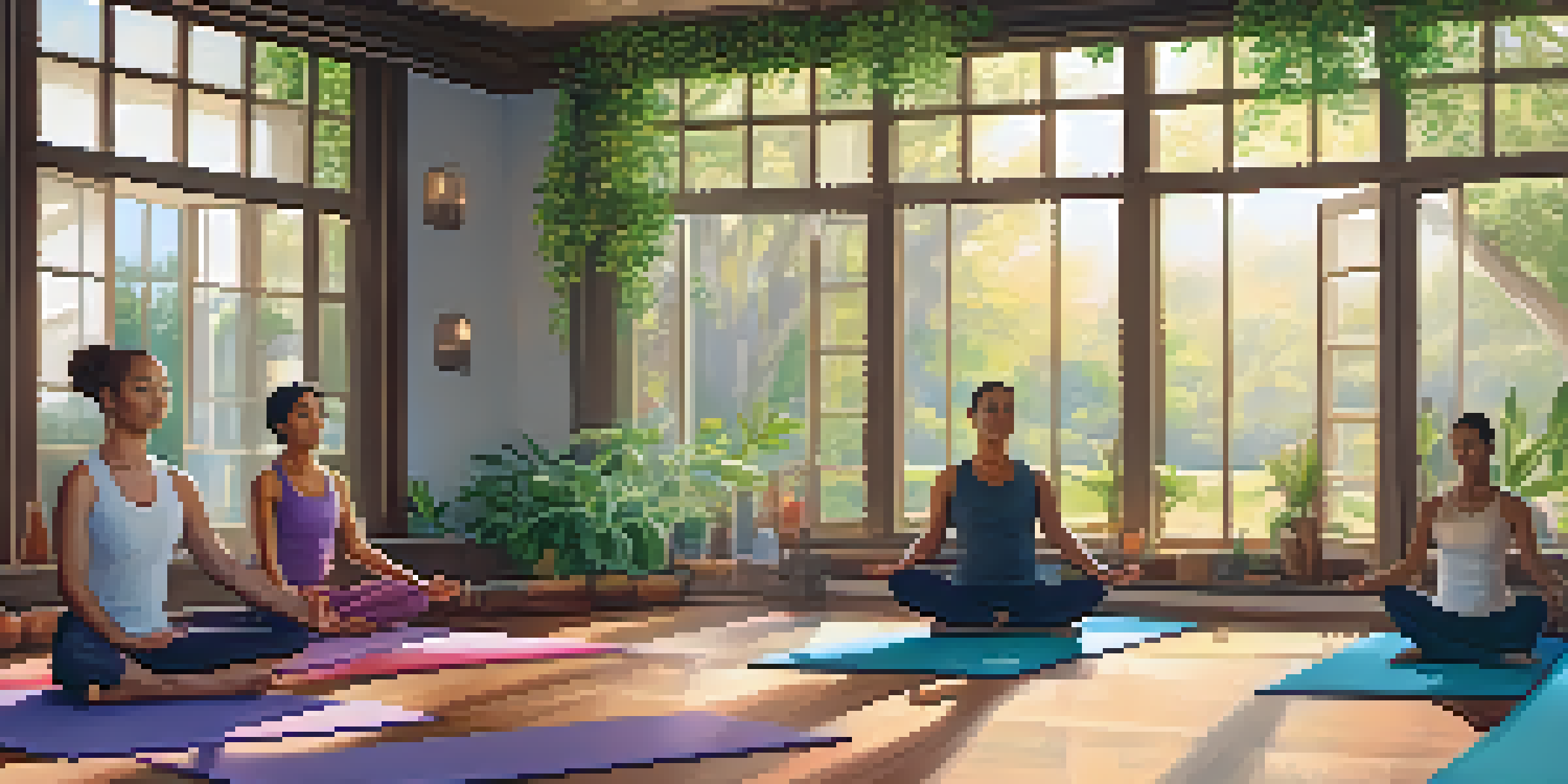 A diverse group of people practicing yoga in a bright studio with a garden view, showcasing poses like Warrior II and Tree pose.