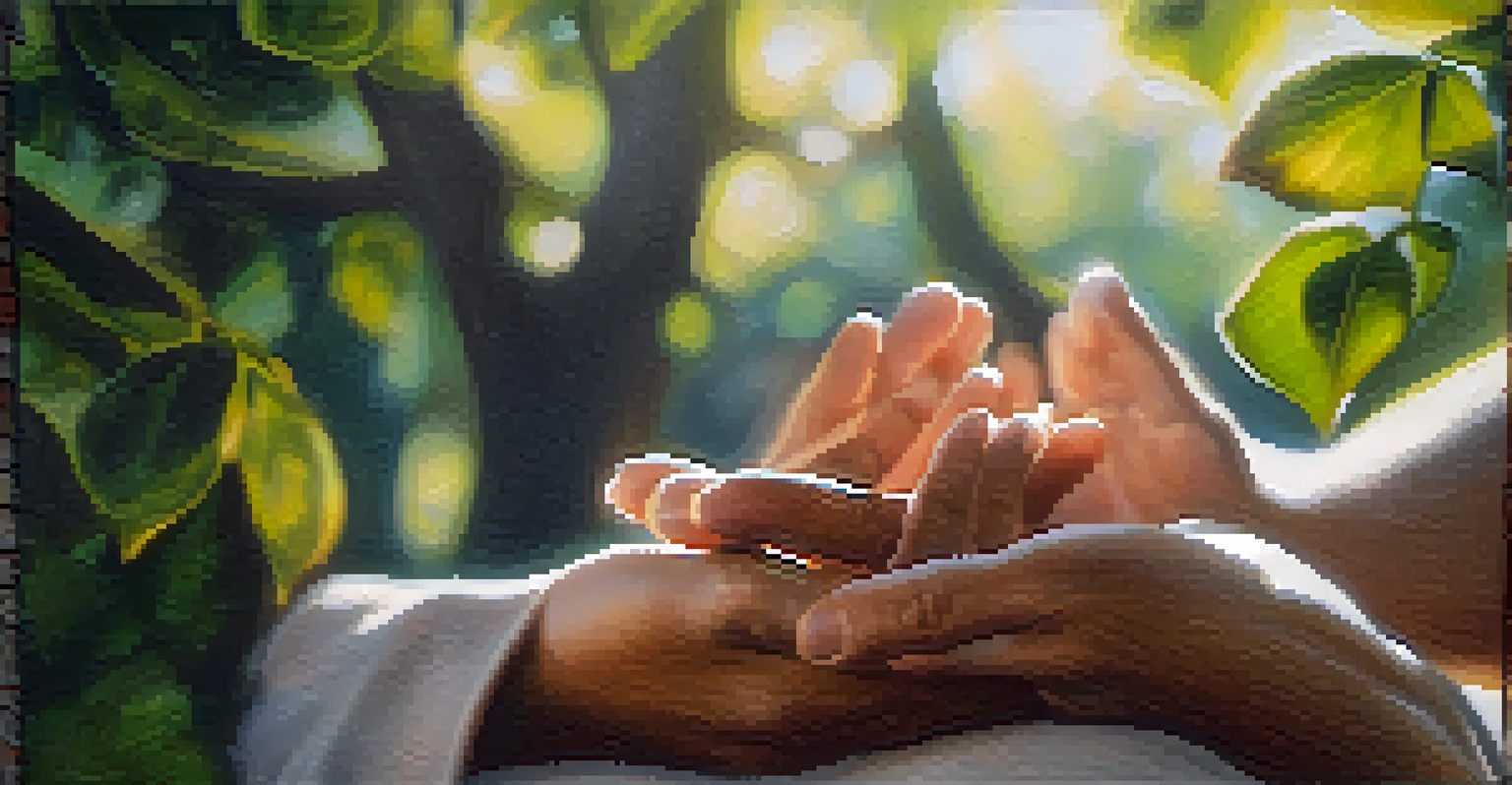 Close-up of hands in a meditative gesture with sunlight filtering through tree leaves, depicting calmness.