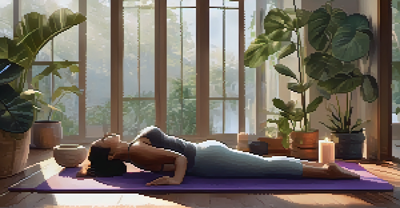 An indoor yoga space with soft lighting and a person practicing a relaxing yoga pose surrounded by calming elements.