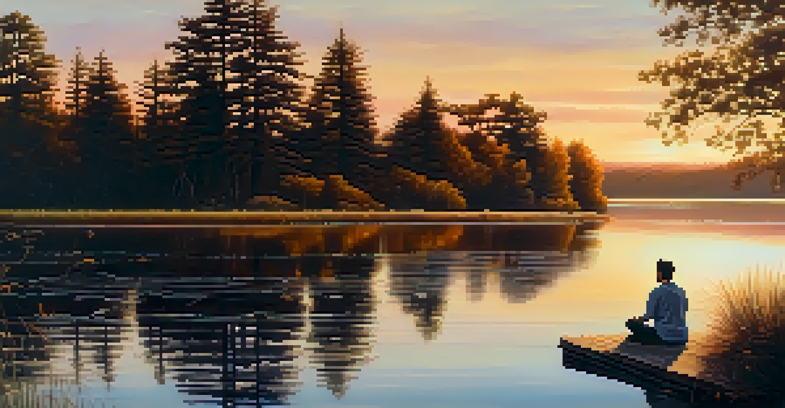 A person meditating by a calm lake during sunset, surrounded by trees, showcasing tranquility and nature.