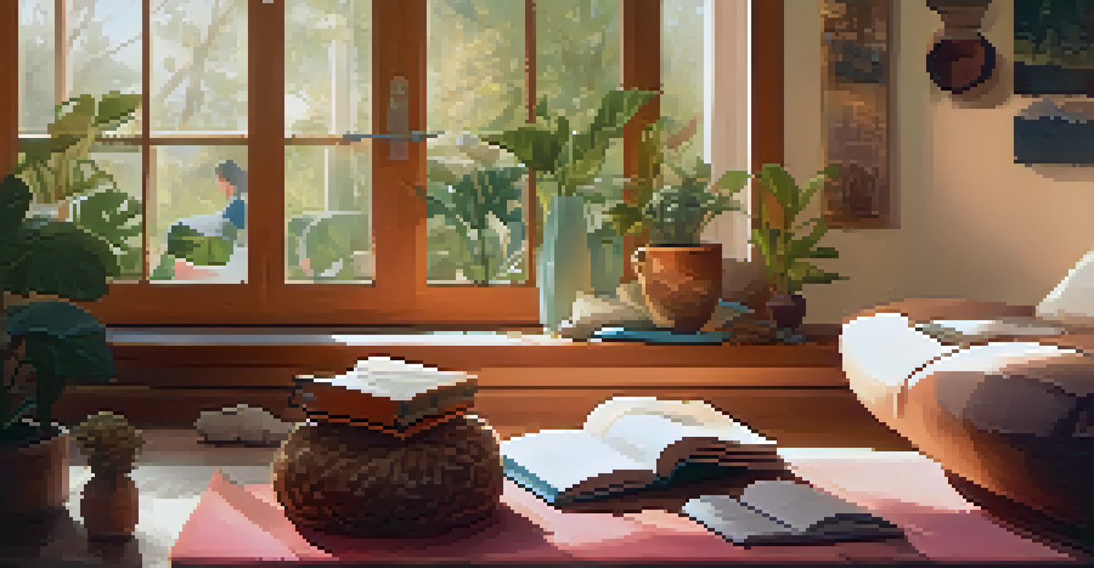 A parent journaling peacefully after a yoga practice in a cozy indoor setting filled with yoga props.