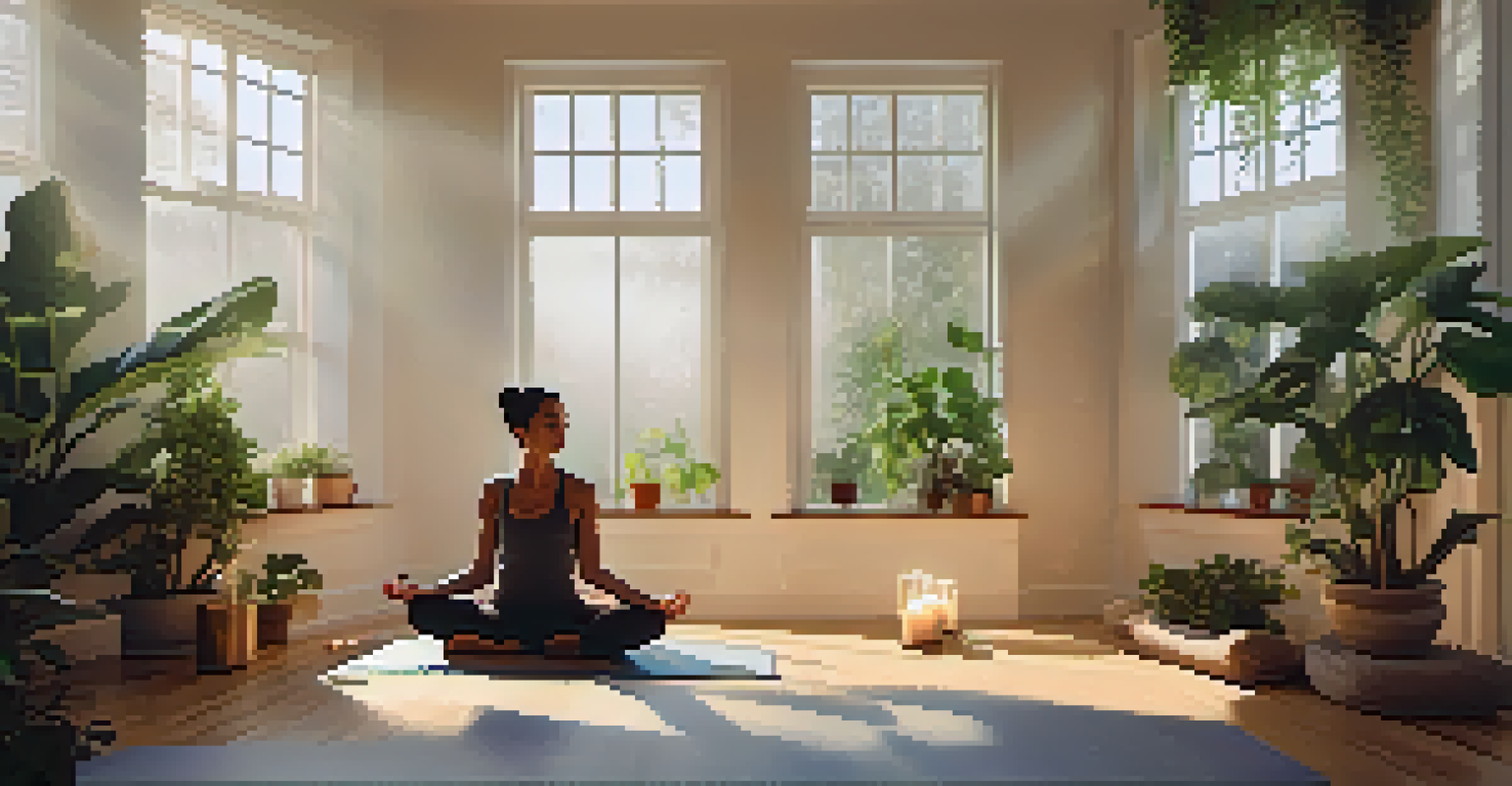 A person seated on a yoga mat practicing breathwork in a calm indoor environment with plants and candles.