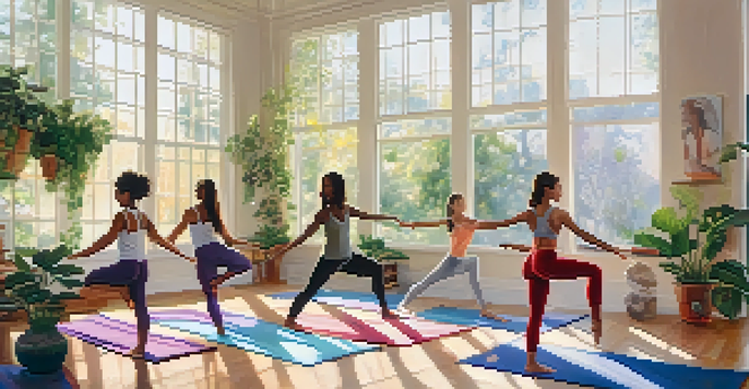 A group of teenagers practicing yoga in a bright studio with natural light and colorful mats.