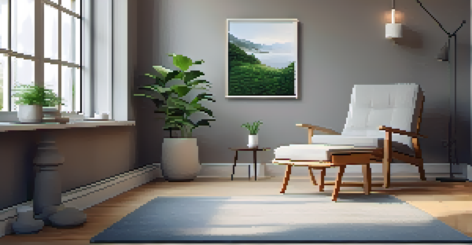 A cozy meditation corner in an office with a chair, cushions, and soft lighting.