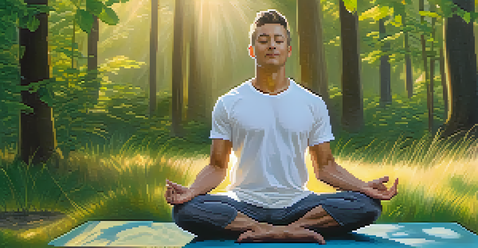 A leader in a meditative pose on a yoga mat in nature, exuding calmness and mindfulness, with sunlight filtering through the trees.