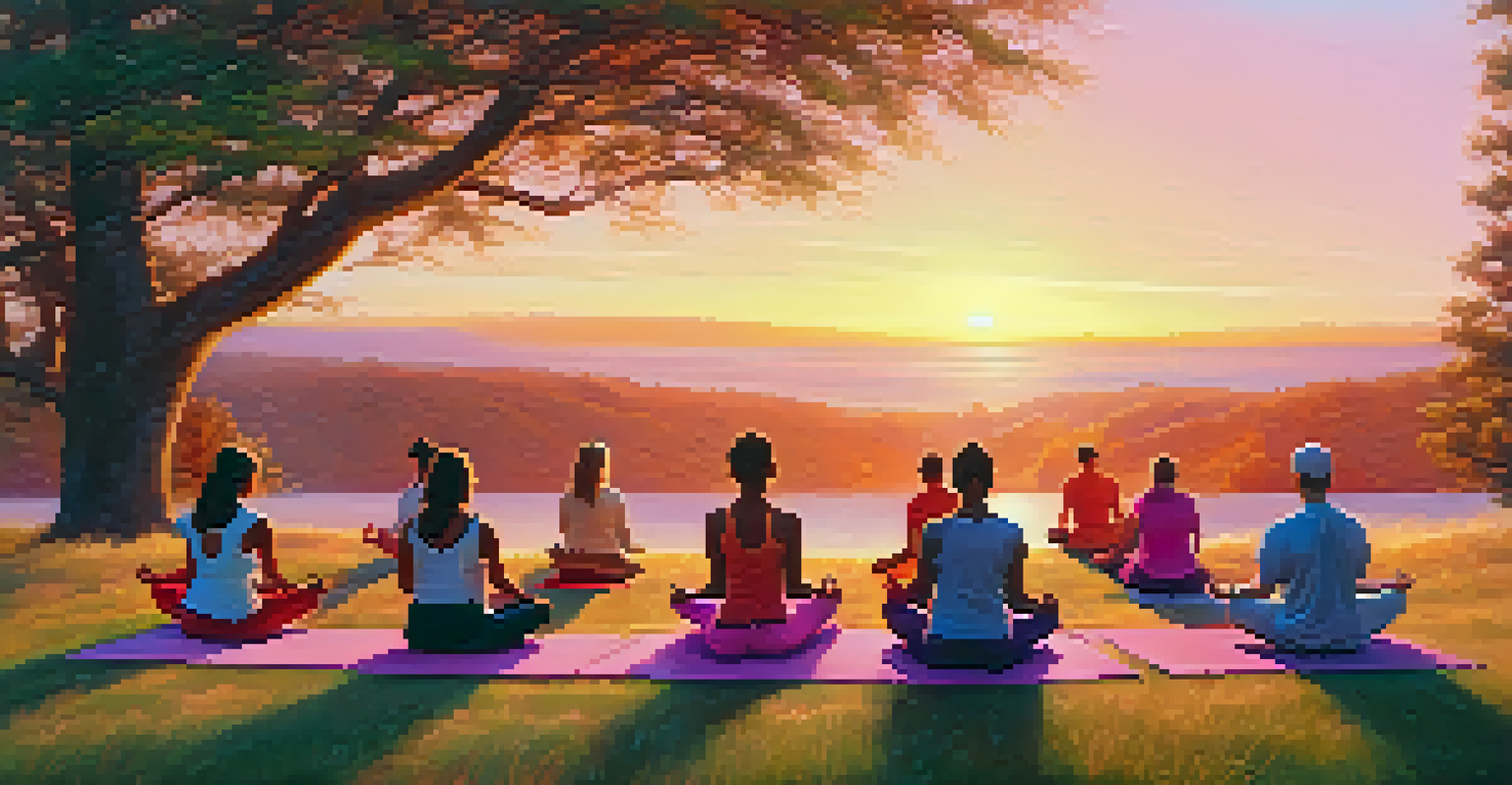 A group practicing yoga at sunrise on a grassy hill, with warm colors in the sky.