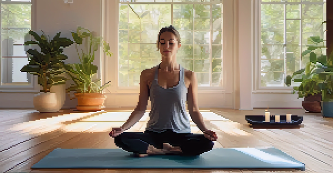 A person practicing diaphragmatic breathing in a bright and peaceful yoga studio with plants and candles.