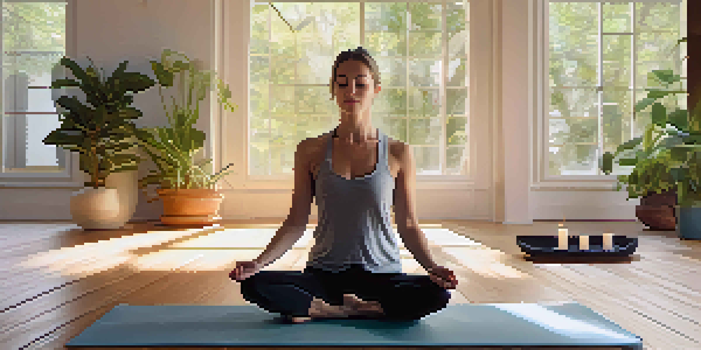 A person practicing diaphragmatic breathing in a bright and peaceful yoga studio with plants and candles.