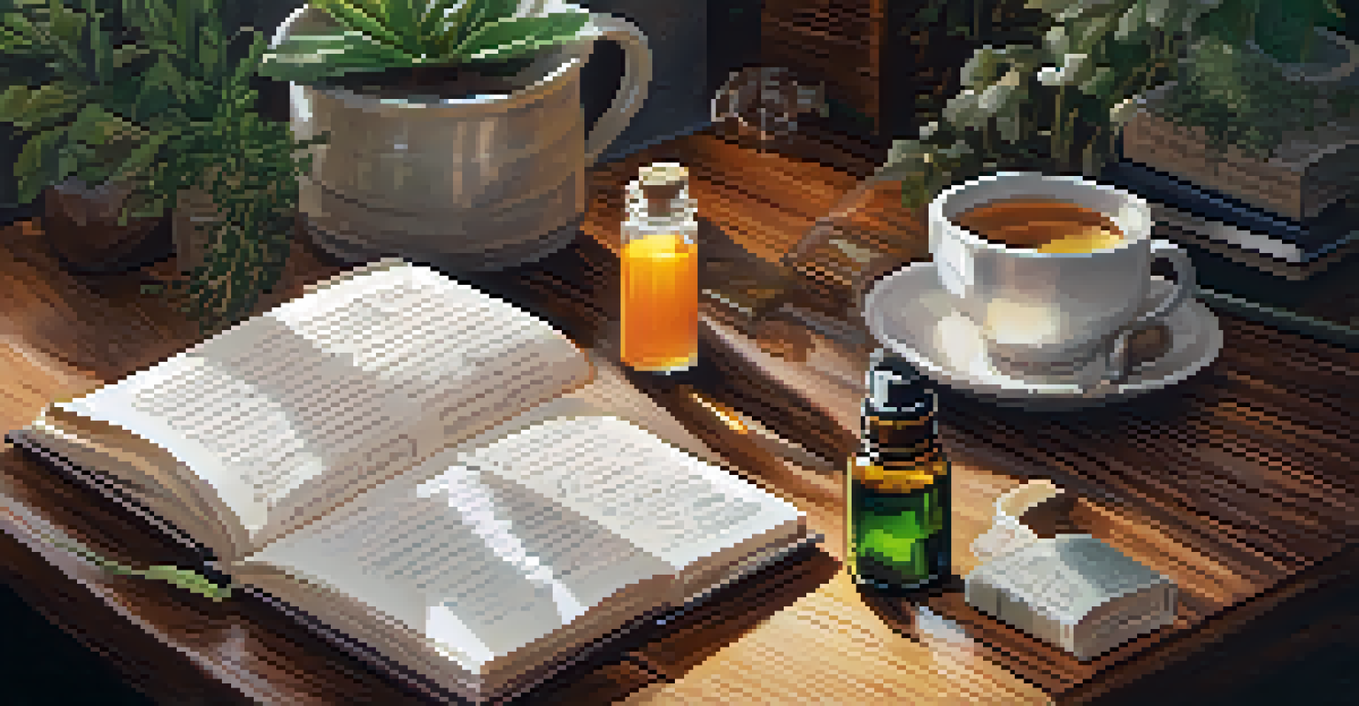 A journal with self-care notes, a cup of herbal tea, and essential oils on a wooden table, in a warm, cozy light.