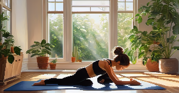 A person practicing Child's Pose in a bright, peaceful yoga studio surrounded by plants and sunlight.
