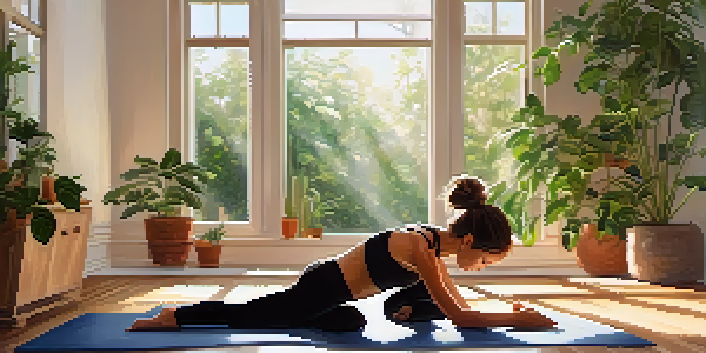 A person practicing Child's Pose in a bright, peaceful yoga studio surrounded by plants and sunlight.