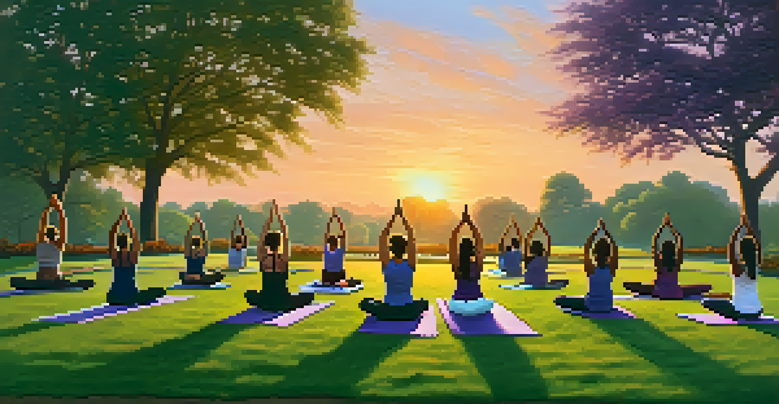 A group of students practicing synchronized yoga poses in a lush park during sunset, with a colorful sky and soft grass beneath them.