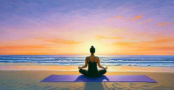 A peaceful beach at sunrise with a person meditating in a yoga pose by the shoreline, surrounded by soft waves and colorful sky.