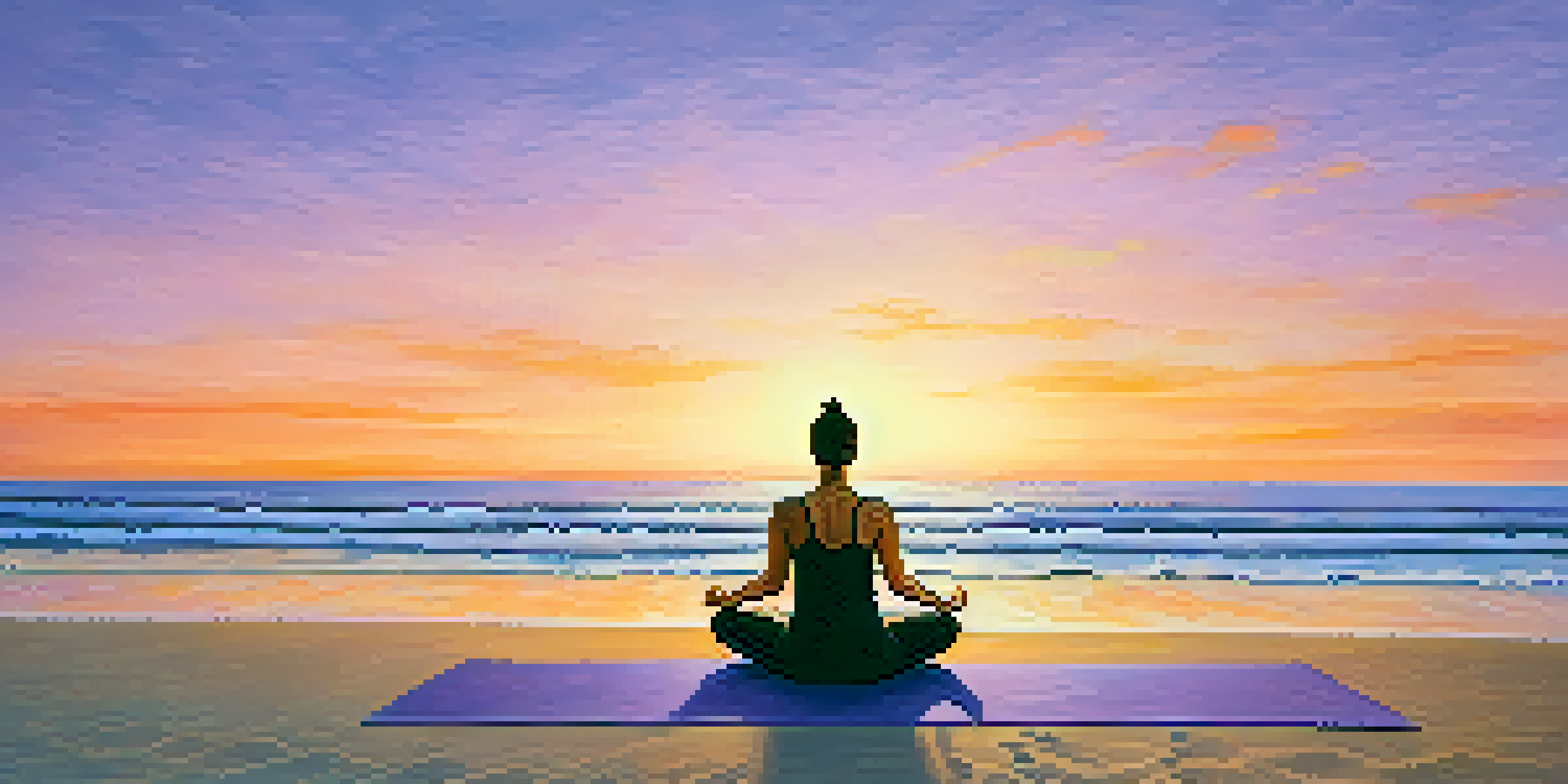 A peaceful beach at sunrise with a person meditating in a yoga pose by the shoreline, surrounded by soft waves and colorful sky.