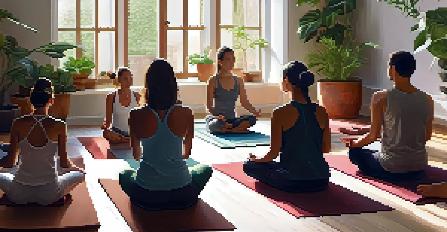 An indoor yoga class with participants meditating on mats in a softly lit room, surrounded by plants and wooden decor, conveying a sense of calm.