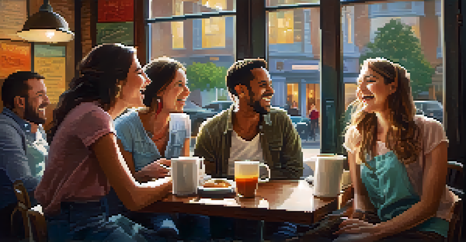 A group of friends laughing in a cozy cafe, holding mugs of coffee, with warm lighting and colorful decor around them.