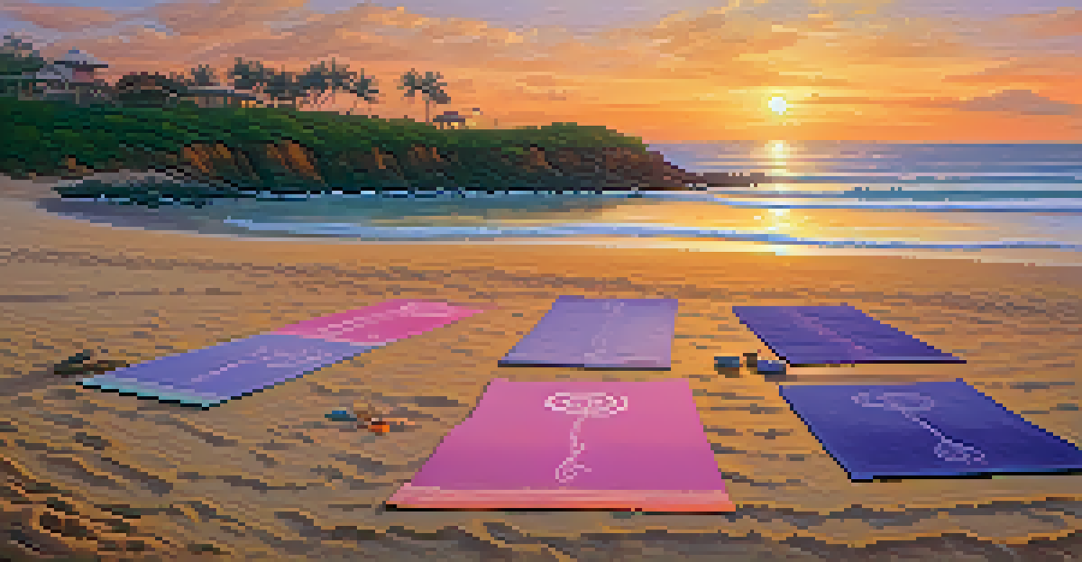 A beach yoga retreat during sunset with people meditating on the sand.